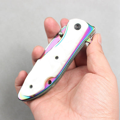 DA76 Folding Knife – Iridescent Shell-Inlay Butterfly Style; Sharp Stainless Steel Blade; Suitable for Camping, Outdoors, and Display.