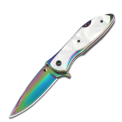 DA76 Folding Knife – Iridescent Shell-Inlay Butterfly Style; Sharp Stainless Steel Blade; Suitable for Camping, Outdoors, and Display.