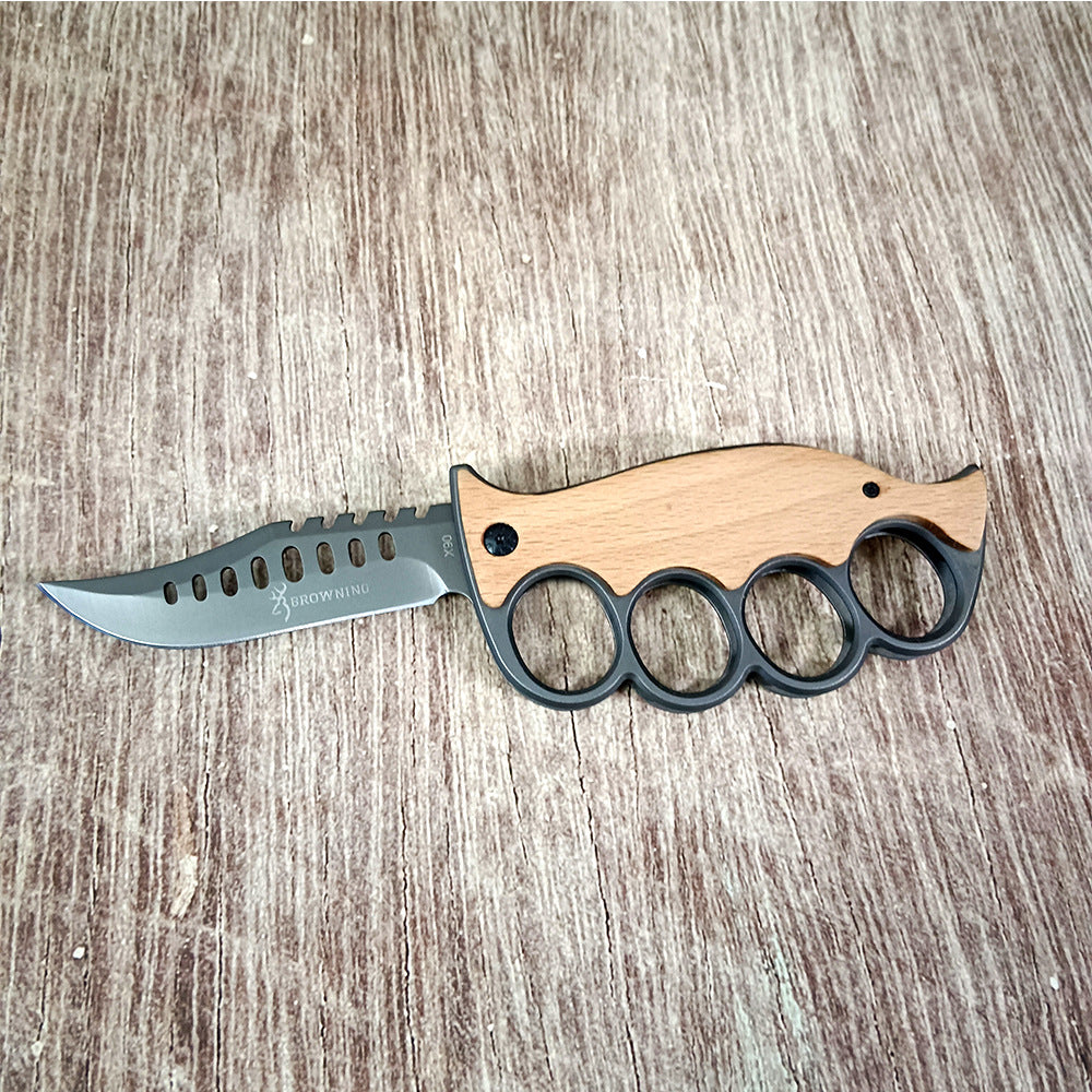 Outdoor survival knife, four-finger knuckle duster ring, high-hardness sharp stainless steel cutter, solid wood handle, sharp