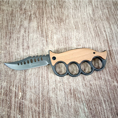 Outdoor survival knife, four-finger knuckle duster ring, high-hardness sharp stainless steel cutter, solid wood handle, sharp