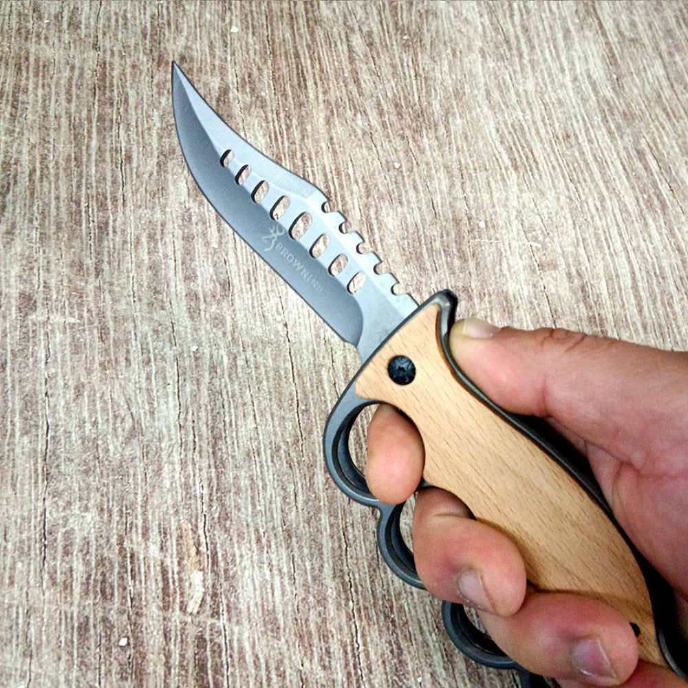 Outdoor survival knife, four-finger knuckle duster ring, high-hardness sharp stainless steel cutter, solid wood handle, sharp